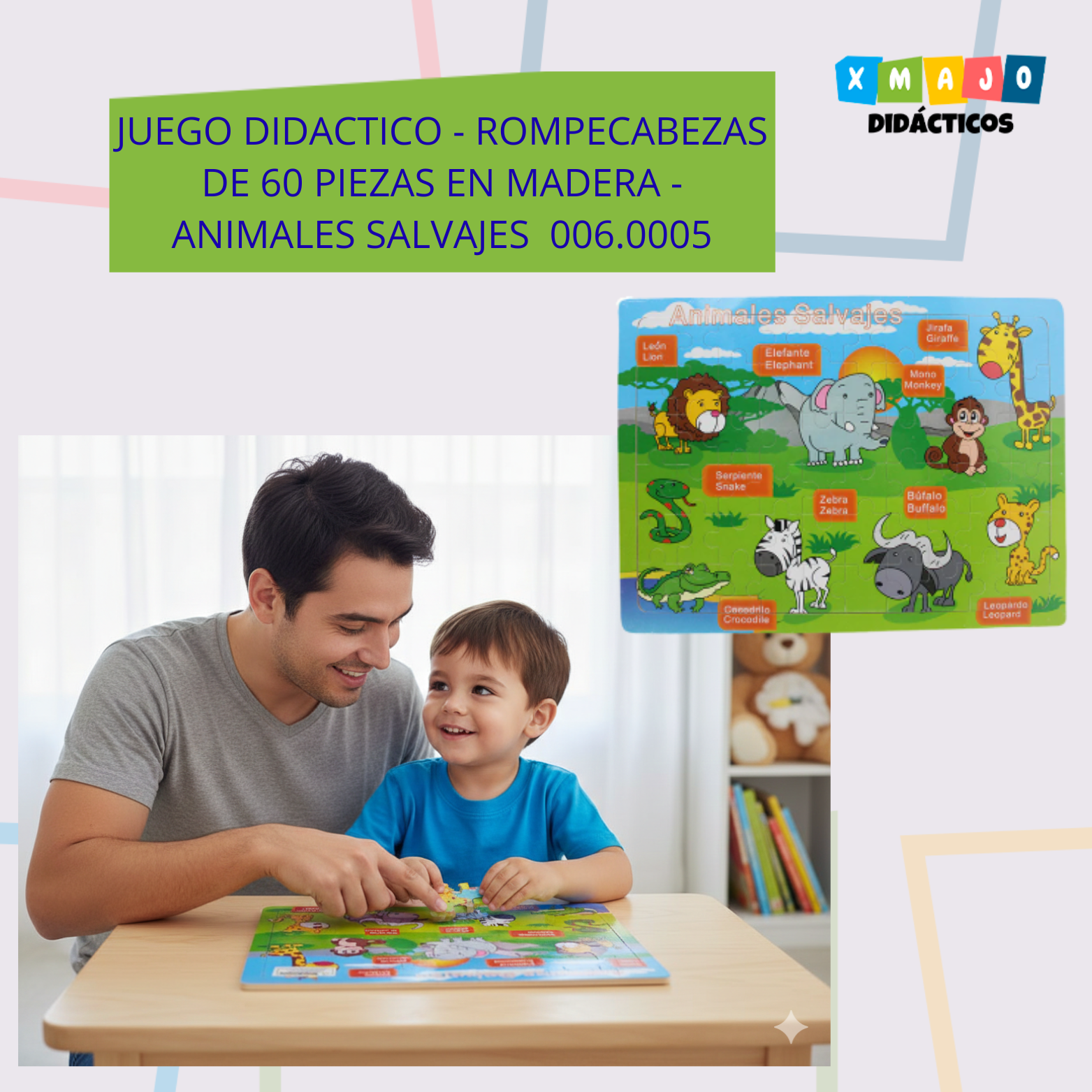 JUEGO DIDACTICO - ROMPECABEZAS DE 60 PIEZAS EN MADERA - ANIMALES SALVAJES 006.0005 JUEGO DIDACTICO - ROMPECABEZAS DE 60 PIEZAS EN MADERA - VEHICULOS 2 / +3 AÑOS / 006.0007 - Image 1