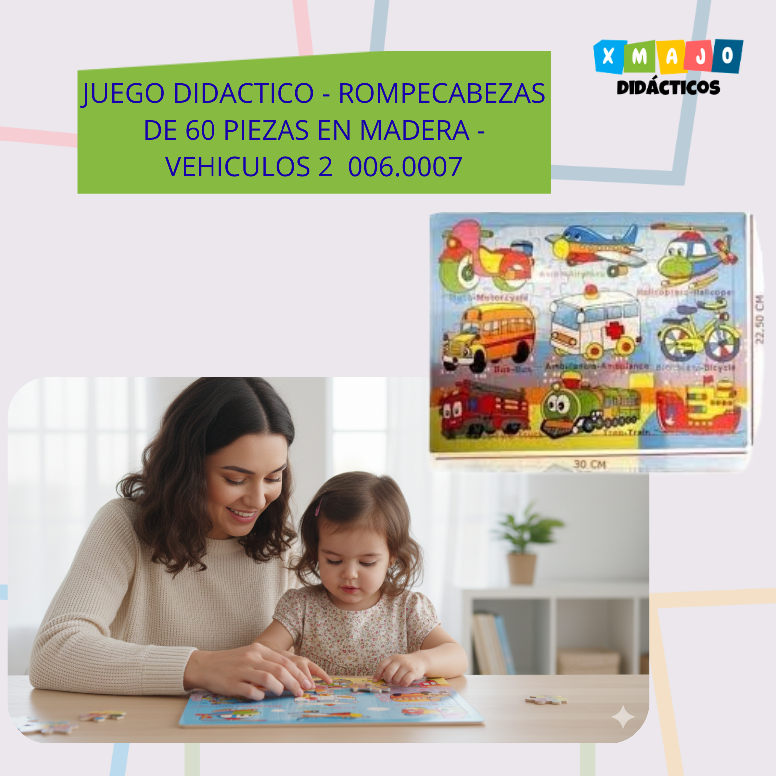 JUEGO DIDACTICO - ROMPECABEZAS DE 60 PIEZAS EN MADERA - VEHICULOS 2 006.0007 JUEGO DIDACTICO - ROMPECABEZAS DE 60 PIEZAS EN MADERA - ANIMALES SALVAJES / +3 AÑOS / 006.0005 - Image 1