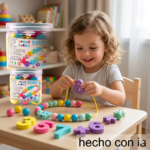 Cuentas y números de madera para enhebrar 009894 en bote para conteo y motricidad fina