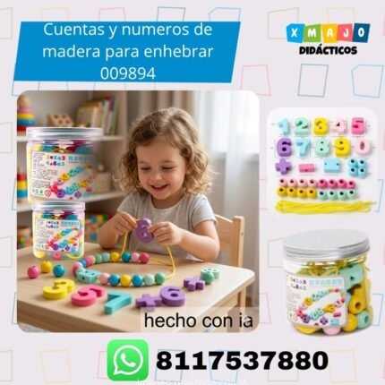 Cuentas y números de madera para enhebrar 009894 en bote para conteo y motricidad fina