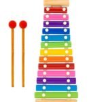 Xilófono didáctico metalico para niños con notas de colores y baquetas