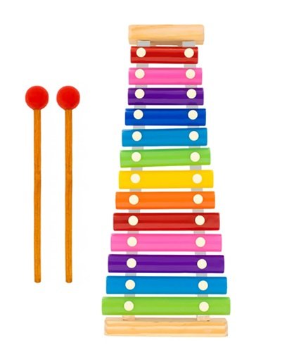 Xilófono didáctico metalico para niños con notas de colores y baquetas