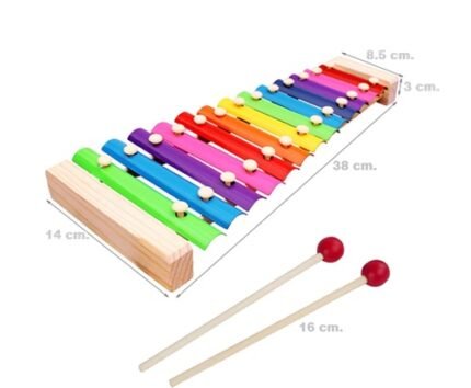 Xilófono didáctico metalico para niños con notas de colores y baquetas