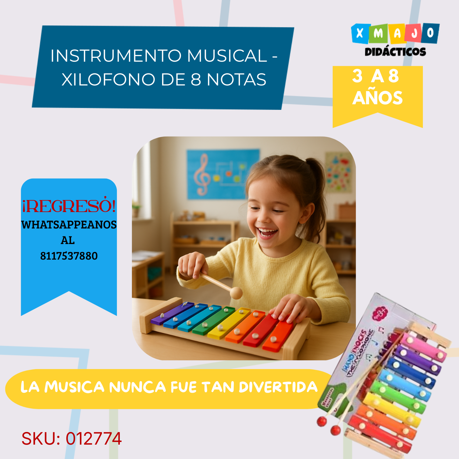 xilofono-metalico-infantil-012774 Xilófono metálico infantil de 8 notas código 012774 para estimulación musical y coordinación mano-ojo