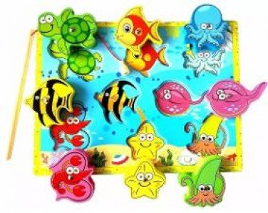 Rompecabezas de encastre y pesca 236075 en madera con 11 figuras marinas y caña magnética para niños de 2 a 5 años
