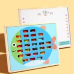 Juego didáctico de madera para niños, incluye pesca magnética de madera, juego de ensarte de zanahorias numeradas, pizarron para marcadores de agua y desarrollo de motricidad fina.