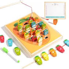 Juego didáctico de madera para niños, incluye pesca magnética de madera, juego de ensarte de zanahorias numeradas, pizarron para marcadores de agua y desarrollo de motricidad fina.