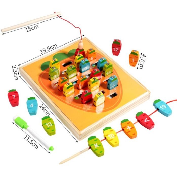 Juego didáctico de madera para niños, incluye pesca magnética de madera, juego de ensarte de zanahorias numeradas, pizarron para marcadores de agua y desarrollo de motricidad fina.