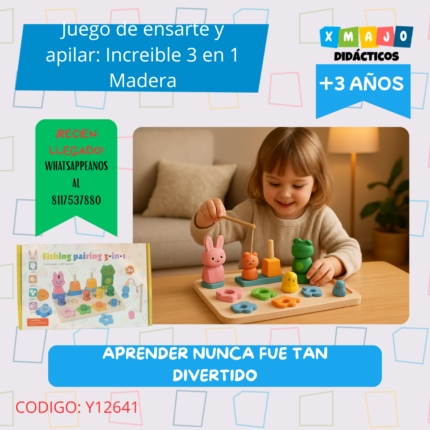 Juego de ensarte y apilar 238895 con pesca magnética y bloques de animales de madera.
