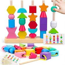 Juego Montessori de Ensartado 238901 con cuentas geométricas de madera multicolor y tarjetas de secuencias para niños desde 2 años