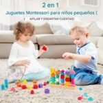 Juego Montessori de Ensartado 238901 con cuentas geométricas de madera multicolor y tarjetas de secuencias para niños desde 2 años