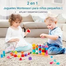 Juego Montessori de Ensartado 238901 con cuentas geométricas de madera multicolor y tarjetas de secuencias para niños desde 2 años
