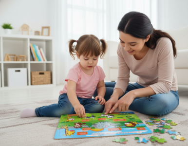 Niña utilizando un rompecabezas educativo Montessori junto a su madre para desarrollar motricidad fina y aprendizaje infantil en Monterrey