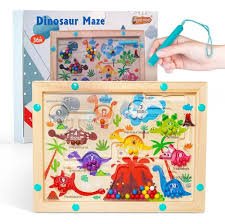 Laberinto magnético de bolitas dinosaurios 238857 — tablero de madera con números y colores en inglés para niños 3 a 7 años