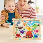 Laberinto magnético de bolitas dinosaurios 238857 — tablero de madera con números y colores en inglés para niños 3 a 7 años