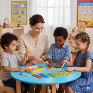 Maestra enseñando a niños con material didáctico y palitos contadores en el aula