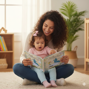 Mamá y su hija pequeña leyendo juntas el libro "Alicia en el País de las Maravillas" sentadas en el piso