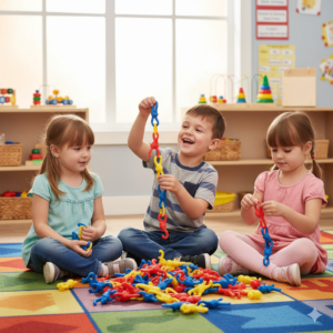 Niños utilizando material Montessori educativo para desarrollar aprendizaje autónomo y habilidades motoras en Monterrey
