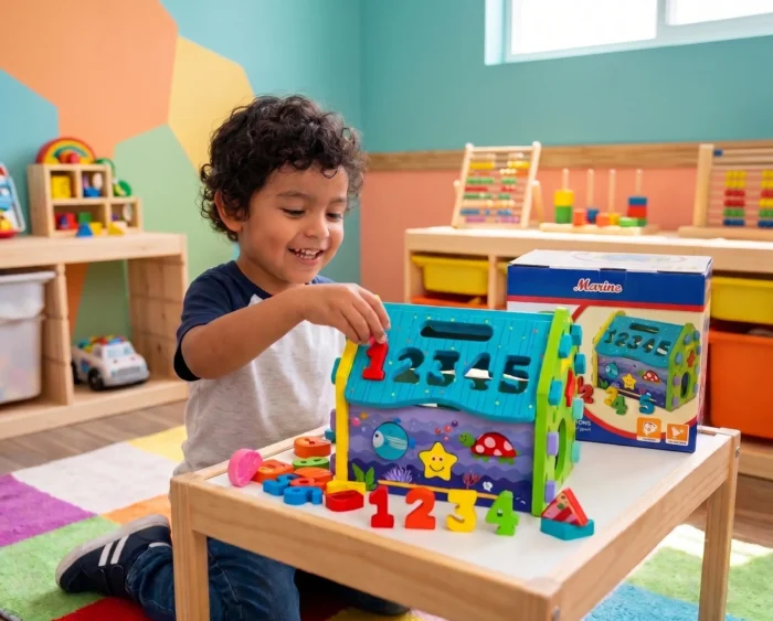 Casita de actividades de madera para niños 004834 para ensartar y encajar figuras