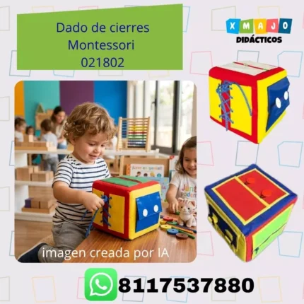 Dado Montessori de cierres 021802 de tela vinil para aprender a abrochar