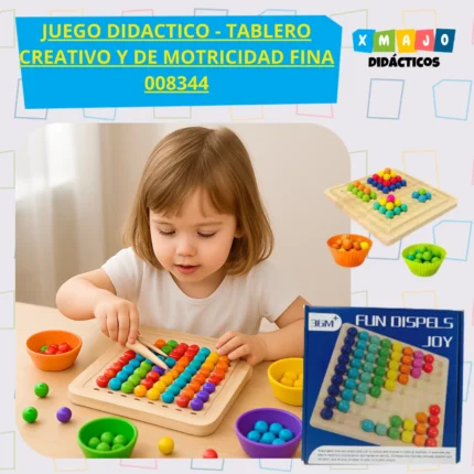 Tablero de motricidad fina 008344 con bolitas de madera de colores, pinzas, cuchara y palillos