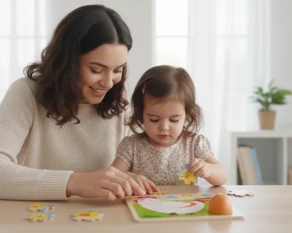 material didáctico en Monterrey - mamá y niña jugando con rompecabezas Montessori